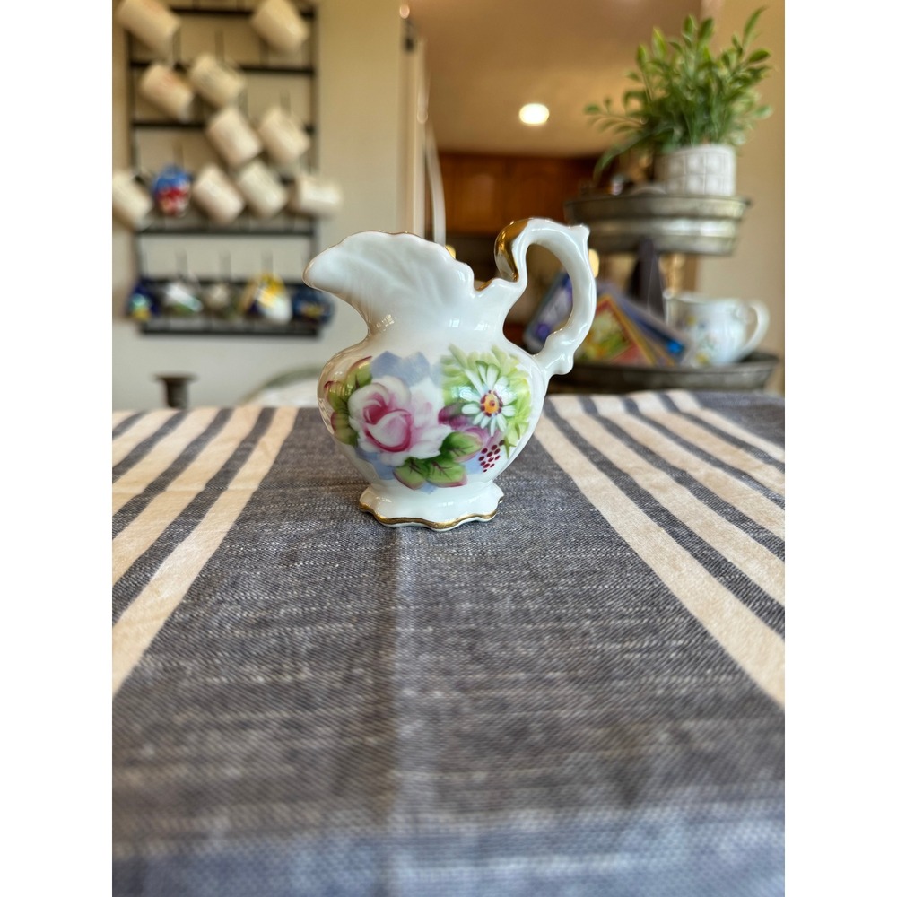 Vintage Lefton Porcelain Creamer Pitcher Gold Trim Floral Accent Miniature China